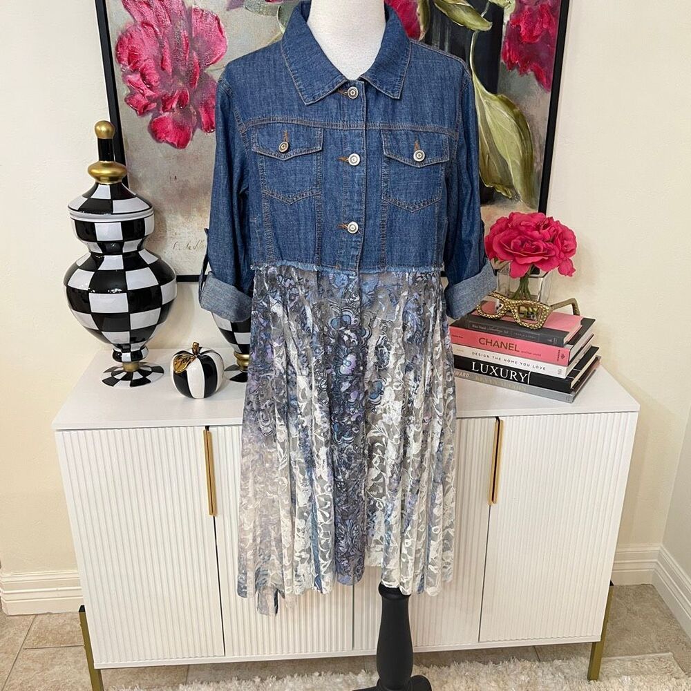 Origami by Vivien Women's Denim Floral Lace Shirt Dress Multicolor Size S/M
